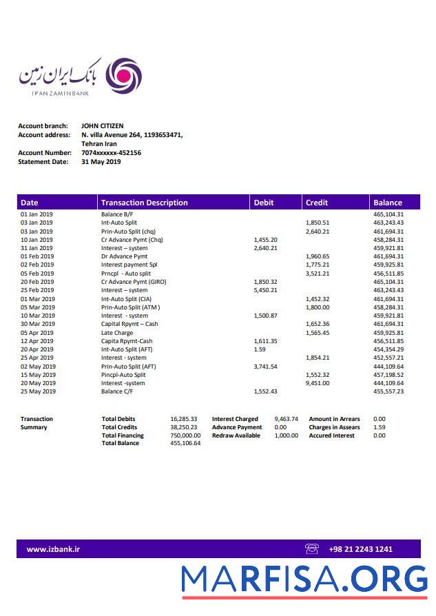 Downloadable Iran Zamin bank statement word download for verification